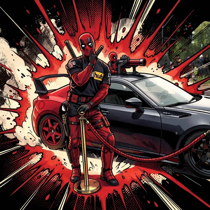 Person in Deadpool-Kostüm lehnt an Absperrpfosten mit rotem Seil vor einem schwarzen Sportwagen mit roten Felgen und einem weiteren Deadpool-Figur auf dem Autodach: KI Version