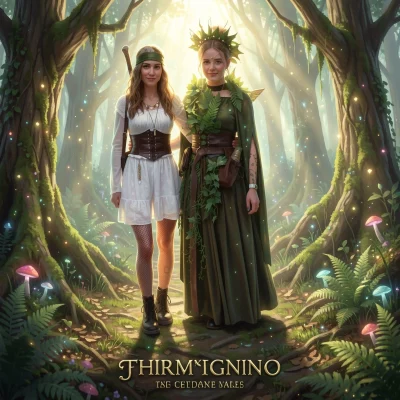 Zwei Frauen in mittelalterlich inspirierten Kostümen stehen nebeneinander vor einem Baum in einem Waldgebiet: KI Version
