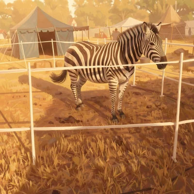 Pferd mit gestreiftem Zebra-Imitat-Mantel und -Maske steht auf einer eingezäunten Wiese vor blauen Zelten: KI Version