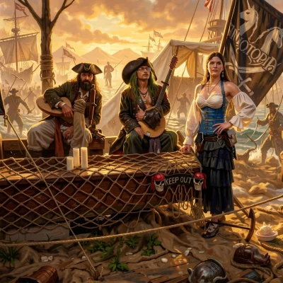 Drei Personen in Piratenkostümen vor einem hölzernen Stand mit Netz und Kerzen, im Hintergrund weiße Zelte und eine schwarze Flagge mit Einhornmotiv: KI Version