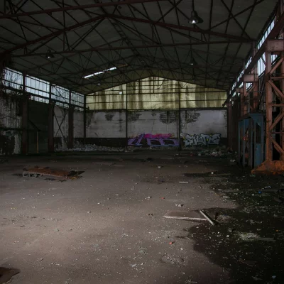 Lost Place im Sauerland: Große verlassene Industriehalle mit hohen Fenstern, rostigen Stahlträgern und Graffiti an den Wänden