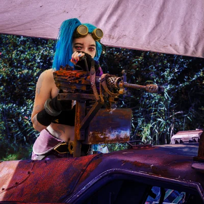 Weibliches Model als Jinx mit blauem Zopf und Schutzbrille auf dem Kopf hält ein großes, rostiges Maschinengewehr beim Cosplay-Shooting.