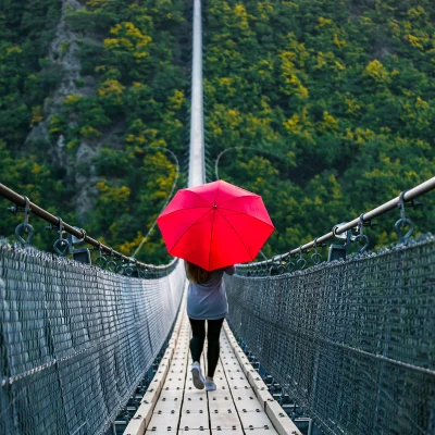 Weibliches Model mit rotem Regenschirm von hinten auf einer langen Hängeseilbrücke über Waldlandschaft